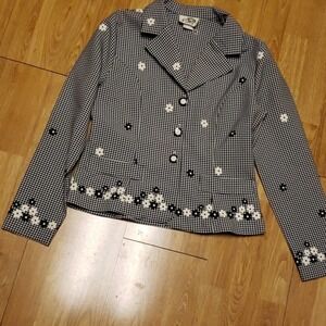 Vintage B/W gingham blazer with floral accents